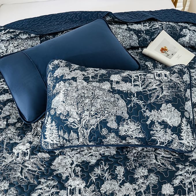 WONGS BEDDING Quilt Set Queen Size, 3 Pieces Navy Blue Floral Plants Printed - Image 8
