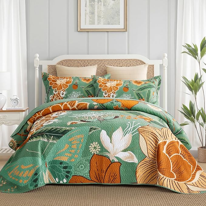 Tyrot 3 Piece Sage Green Boho Floral King Size Quilt Sets Farmhouse Botanical by TyrotHomeDecor