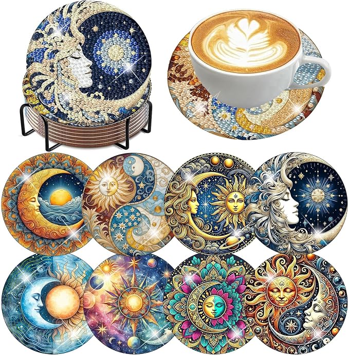 8 PCS Diamond Art Coasters Kits Sun and Month Diamond Painting Coaster | by Benjenes