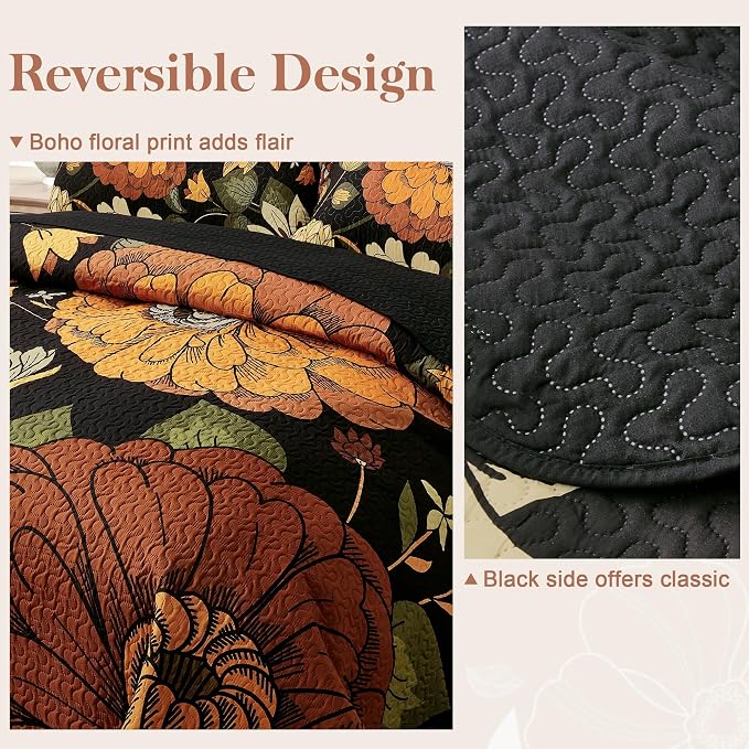 Tyrot 3 Piece Black Boho Floral King Size Quilt Sets Reversible Farmhouse - Image 3