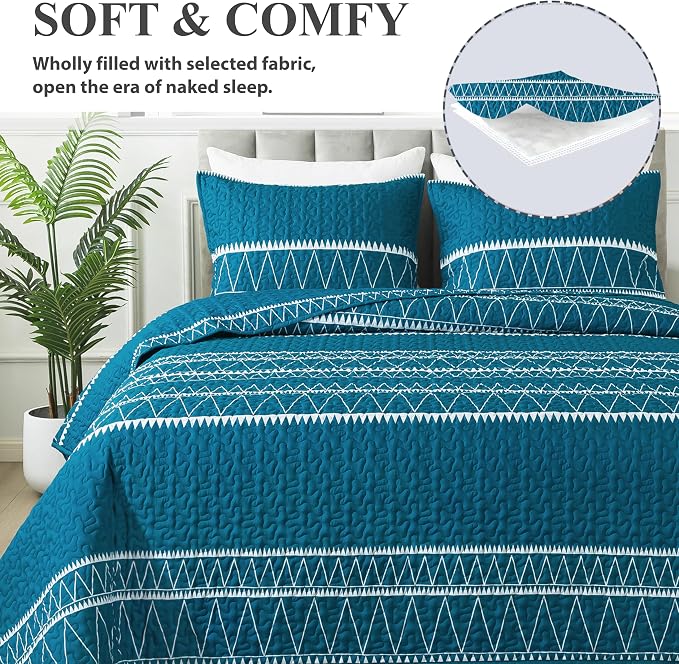 Andency Teal California King Quilt Set, 3 Pieces Boho Lightweight Soft Striped - Image 4