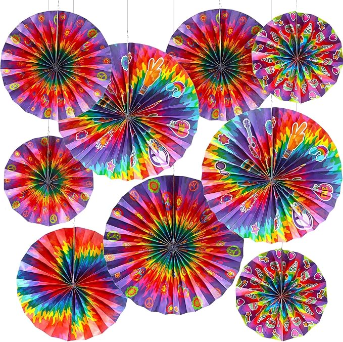 Outus Tie Dye Party Supplies Groovy Hippie Hanging Paper Fans Classroom by Outus