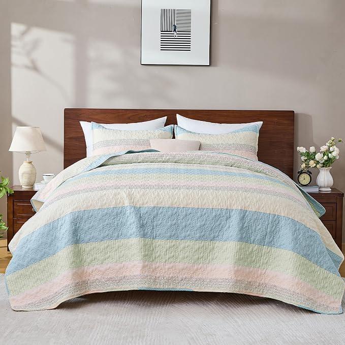 Andency King Size Quilt Set Blue Pink, 3 Pieces Summer Ultra Soft Lightweight - Image 7