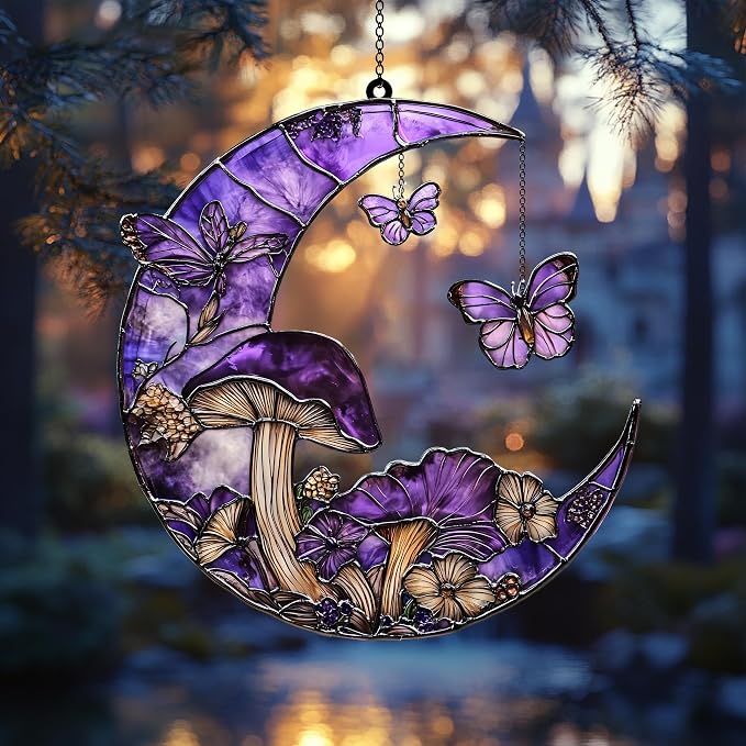 Butterfly Mushroom and Moon Suncatcher Nature Lover Acrylic Window Hanging by Unknown