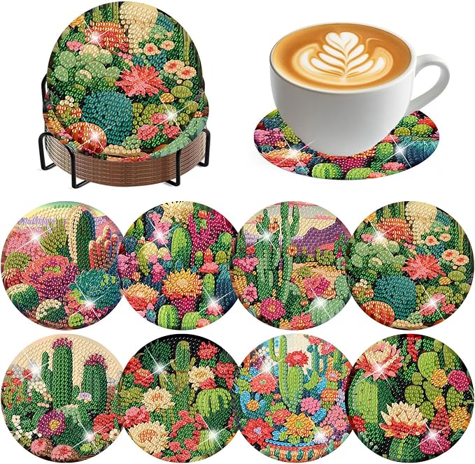 ijbnhd 8 Pcs Cactus Diamond Art Coasters Kit Diamond Painting Coasters | Cactus by ijbnhd
