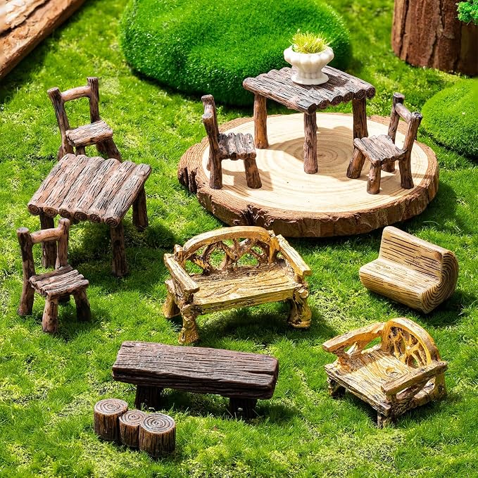 11Pieces Fairy Garden Furniture Ornaments Miniature Table and Chairs Set - Image 4