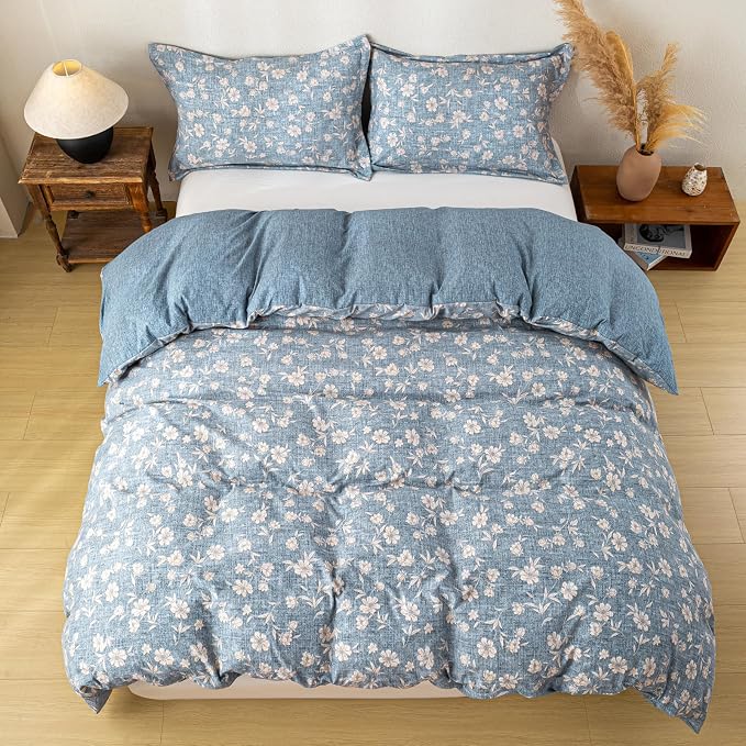 OAITE Blue Flower Twin Size Duvet Cover-3 Pieces Prewashed Cotton-Like - Image 6