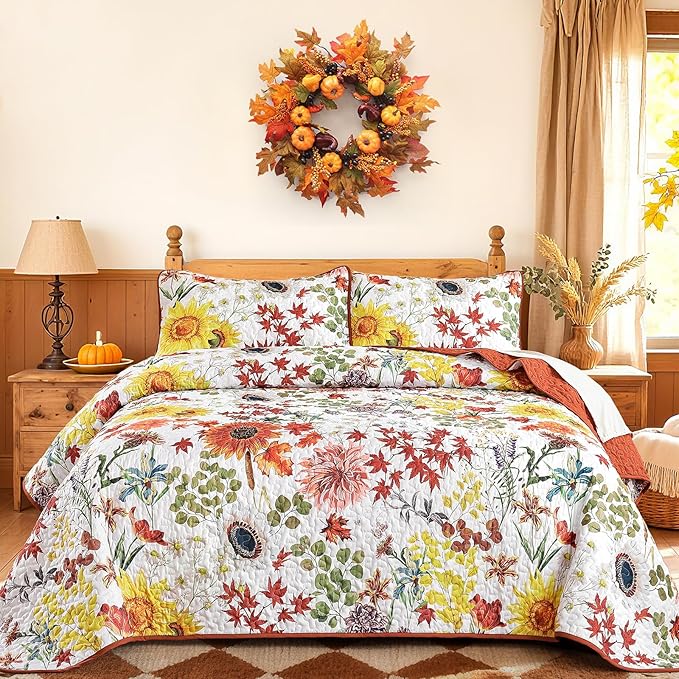 Yiran Fall Floral Quilt Set King Size, 3 Pieces Soft Lightweight Microfiber by Yiran