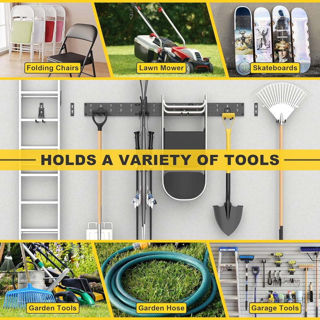 Ultrawall Garage Storage Organization, Versatile Storage Hooks Garden Tool Organizer Wall Mount, 48 Inch Yard Tool Organizer Hangers for Shovels, Rakes, Ladders, 15pcs Black