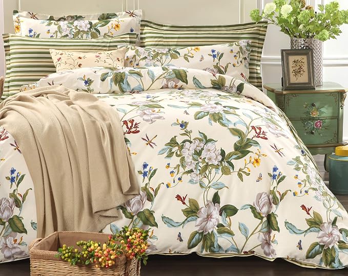 FADFAY Floral Duvet Cover Set 100% Cotton Green and Beige Striped Dorm Room by CottonWorldSweetDream