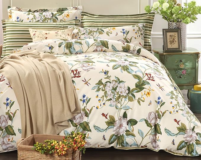 FADFAY Floral Duvet Cover Set 100% Cotton Green Striped and Beige Bedding White - Image 5