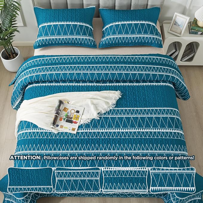 Andency Teal King Size Quilt Set, 3 Pieces Boho Lightweight Soft Striped - Image 6