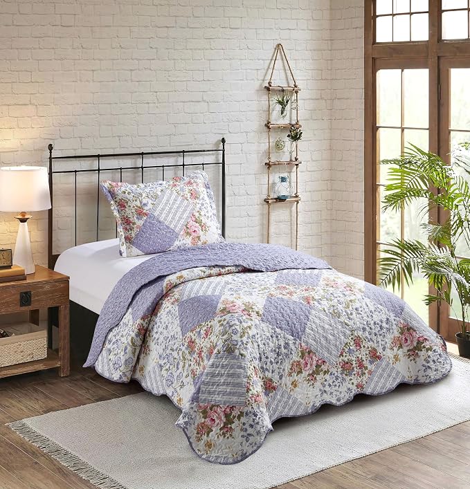 Brilliant Sunshine Rose Violet Patchwork, 2-Piece Quilt Set by BrilliantSunshine