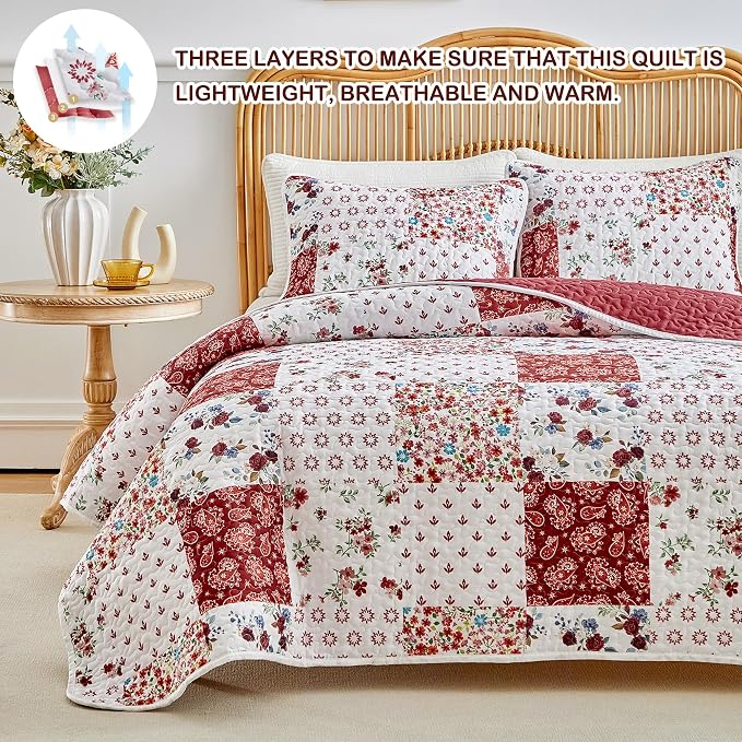 Joyreap 2 Pieces Floral Patchwork Quilt Set Twin, Burgundy Red n White Flowers - Image 3