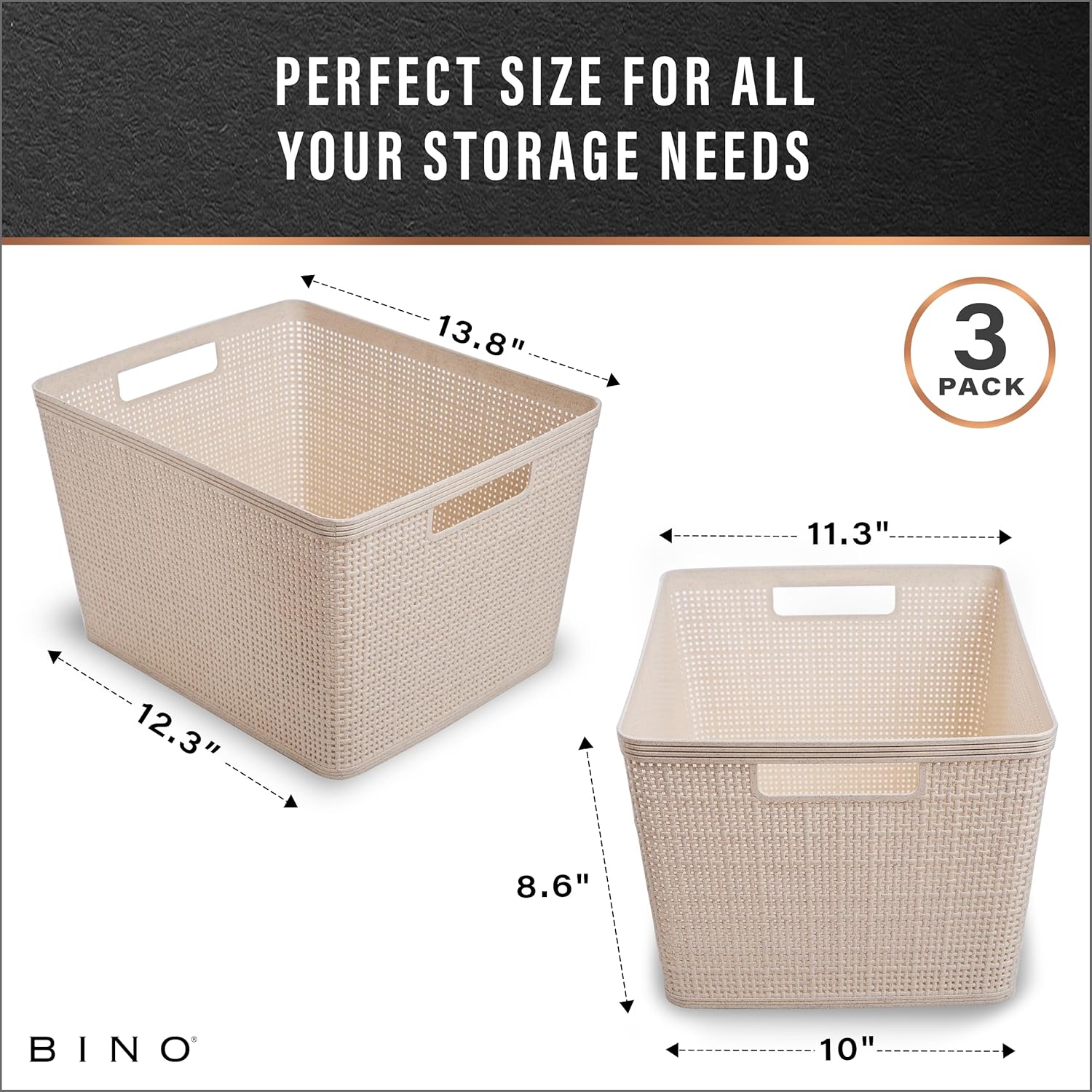 BINO Woven Plastic Basket | Large (Natural), 3-Pack | THE JUTE COLLECTION | Home Organization, Space-Saving Storage, Stylish Design | Plastic Storage Basket