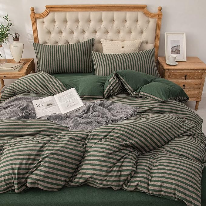 PURE ERA Forest Green Stripe Jersey Duvet Cover Set King Size 100% T-Shirt by PUREERA