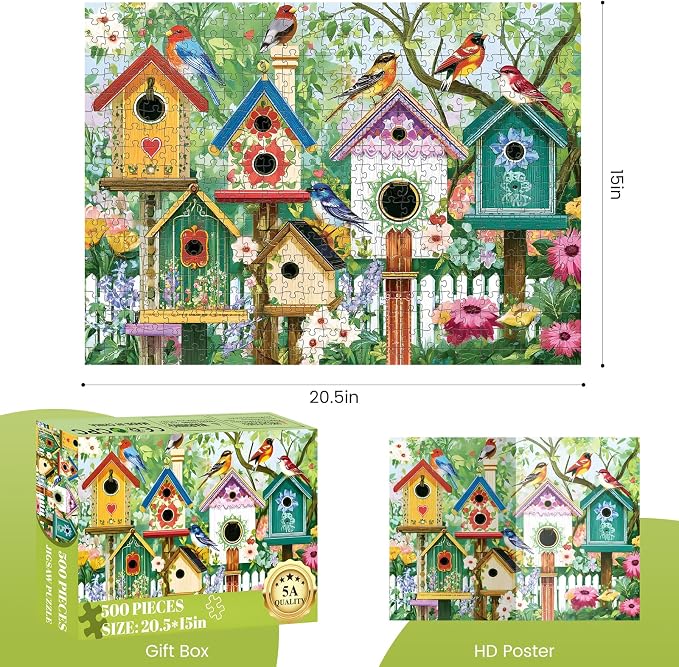 500 Piece Puzzle for Adults, Colorful Birdhouses 500 Piece Puzzle, Vibrant - Image 2