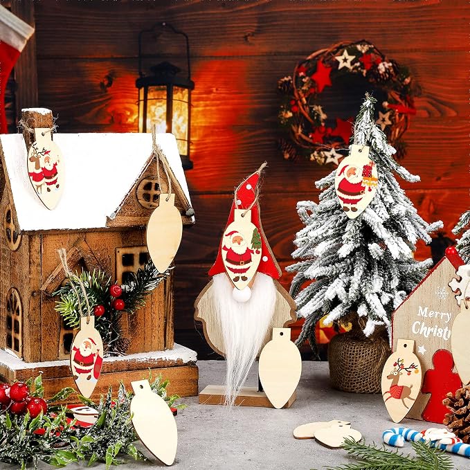 Queekay 50 Pcs Christmas Unfinished Wooden Light Bulb Wooden Slices Blank - Image 3