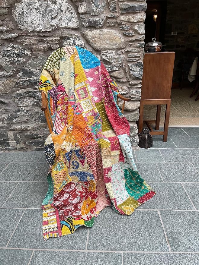Indian Vintage Patchwork Cotton Kantha Quilt 55X85" Assorted Patches Cotton - Image 3