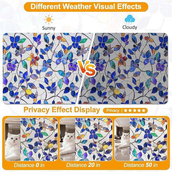 Countewol Colorful Leaf Static Cling Window Film Frosted Stained Glass Privacy - Image 3