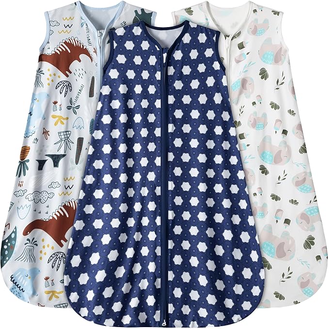 Baby Sleep Sack 18-24 Months 3 Pack Baby Wearable Blanket 100% Rayon Cotton 2-Way Zipper Toddler Sleeping Sack .Comfy Soft Lightweight TOG 0.3 (Elephant&Dinosaur&Hexagon,)