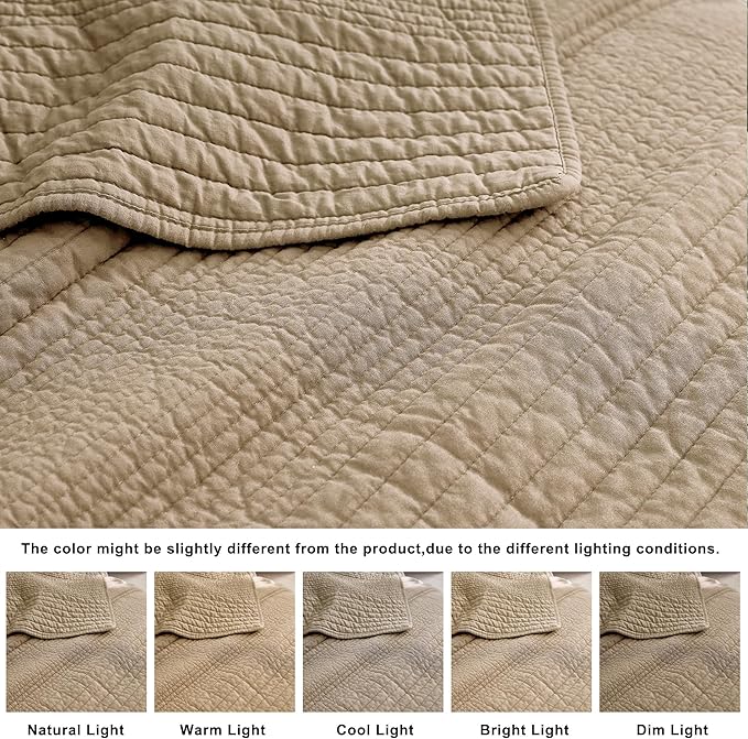 PALASSIO Striped Dark Beige 100% Cotton Quilt California Cal King Size Bedding - Image 6