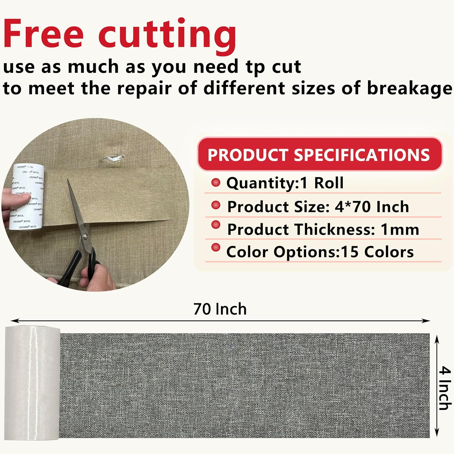 Linen Repair Tape 4x70 Inch Self-Adhesive Couch Patch Repair Fabric Patch for Furniture,Sofas,Cushion,Chairs,Bags,Linen Goods(Grey)