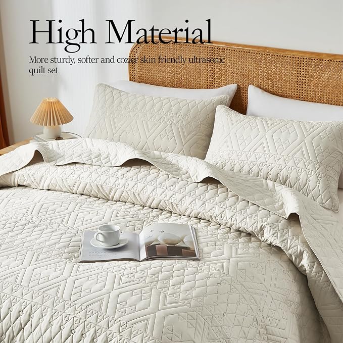 akkialla King/Cal King Quilt Set, Boho Style in a Solid Color, Cream - Image 3
