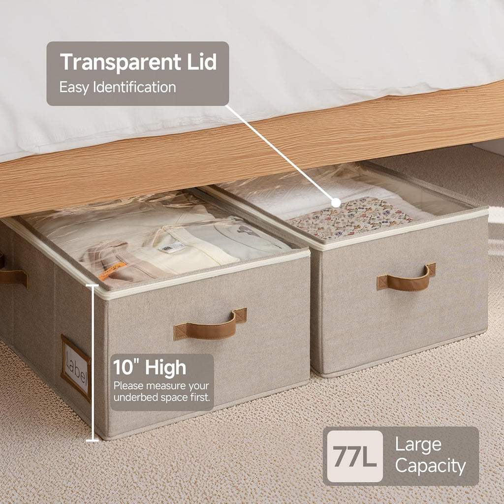 StorageWorks Under Bed Storage Bins, 10'' Underbed Storage Containers with Lid, 90L Clothes Organizer for Bedding, Blankets, Sweaters, Shoes, 2-Pack