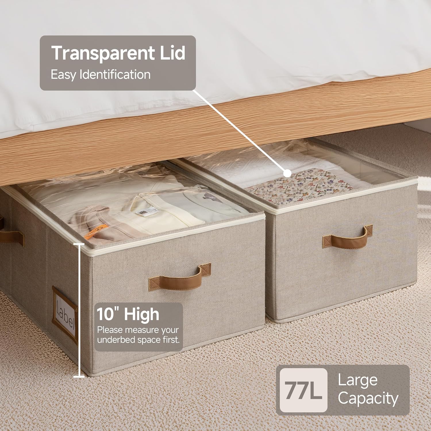 StorageWorks Under Bed Storage Bins, 10'' Underbed Storage Containers with Lid, 90L Clothes Organizer for Bedding, Blankets, Sweaters, Shoes, 2-Pack