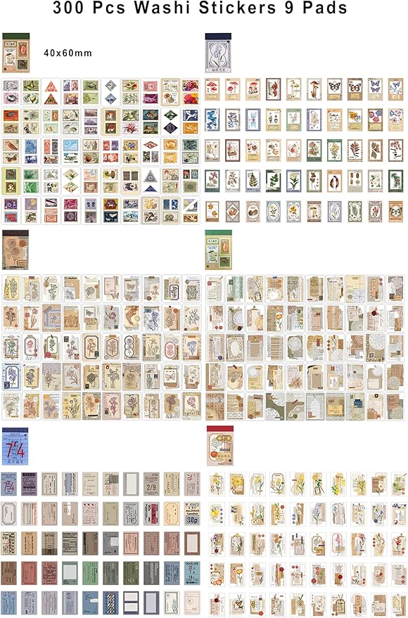 PRSTINCOL 6 Sets 300 Pcs Washi Stickers Book, Vintage Aesthetic Sticker Set - Image 2