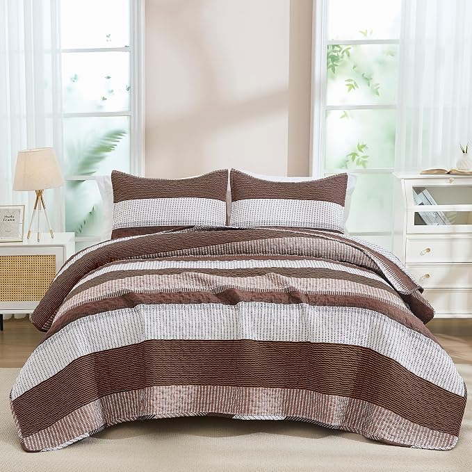 Andency Queen Quilt Bedding Set Brown, 3 Pieces Patchwork Coffee Striped Ultra - Image 8