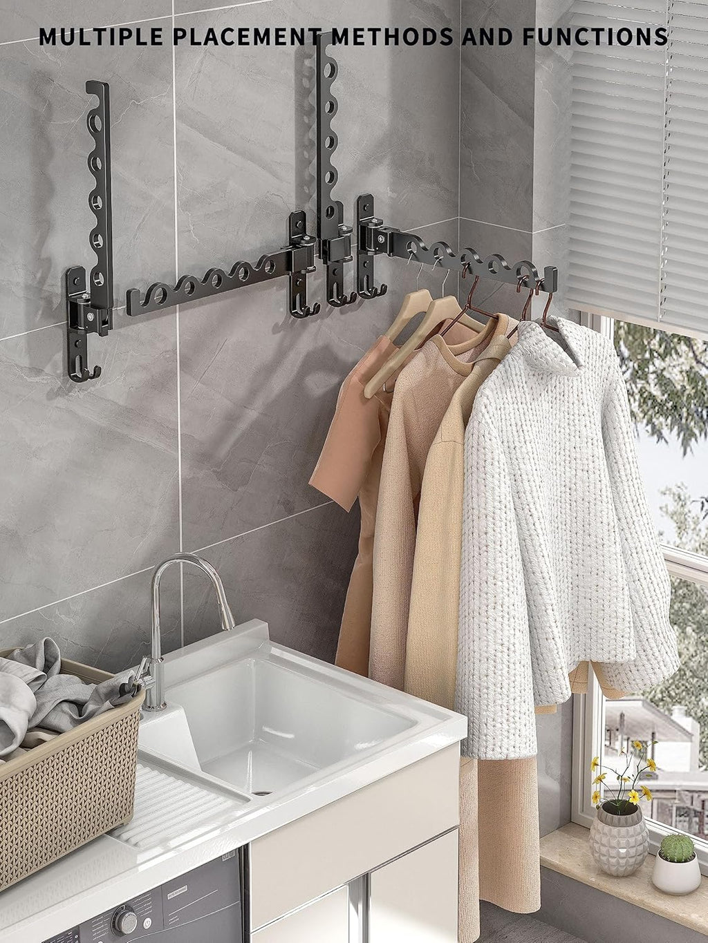 Dr.DJ Wall Hanger for Clothes, Coat Hanger Wall Mounted Matte Black Retractable Clothes Drying Organizer Rack Garment Hooks Aluminium Folding Indoor Wall Space Saver (2 Racks) Black