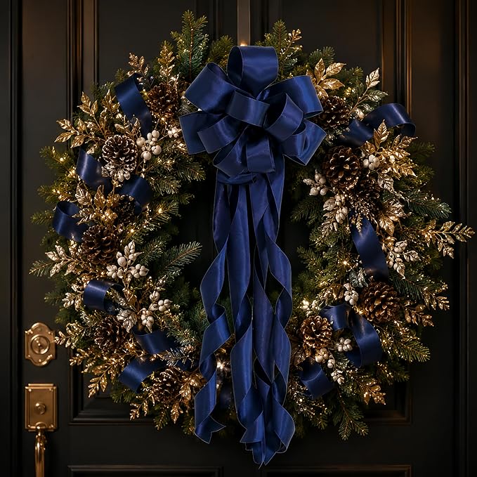 HUIHUANG Navy Blue Satin Wired Ribbon 2.5 inch Navy Wire Edge Christmas Ribbon - Image 3