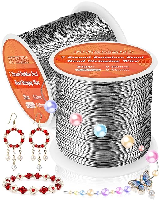 FIVEIZERO 656FT 0.38mm 7 Strand Stainless Steel Beading Wire, 2 Rolls Nylon by FIVEIZERO