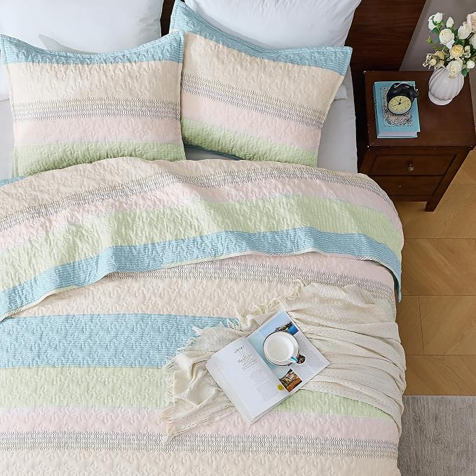 Andency Queen Quilt Bedding Set Blue Pink, 3 Pieces Patchwork Summer Striped - Image 4