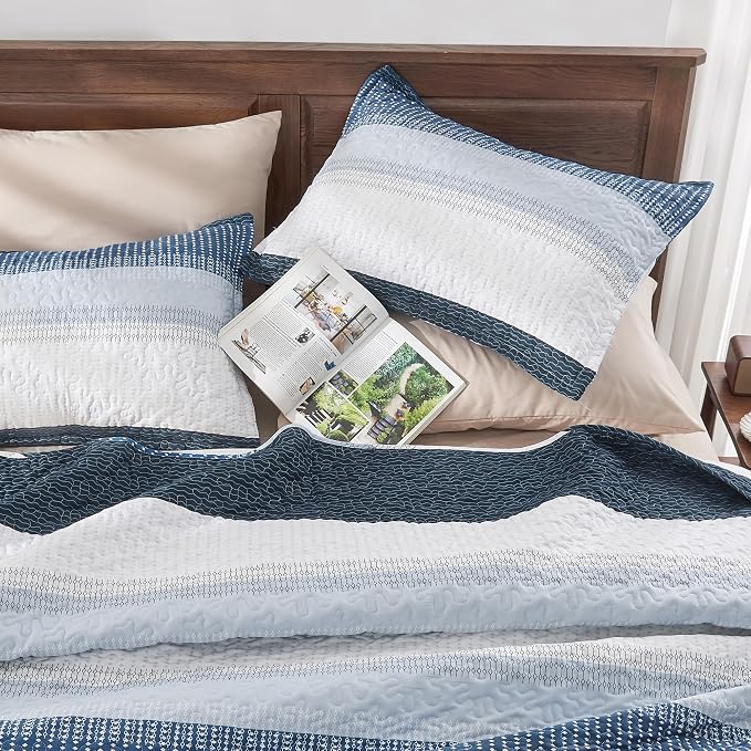 Andency Navy Blue Striped Quilt Queen, 3 Pieces Patchwork Bedspread Coverlet Set - Image 2
