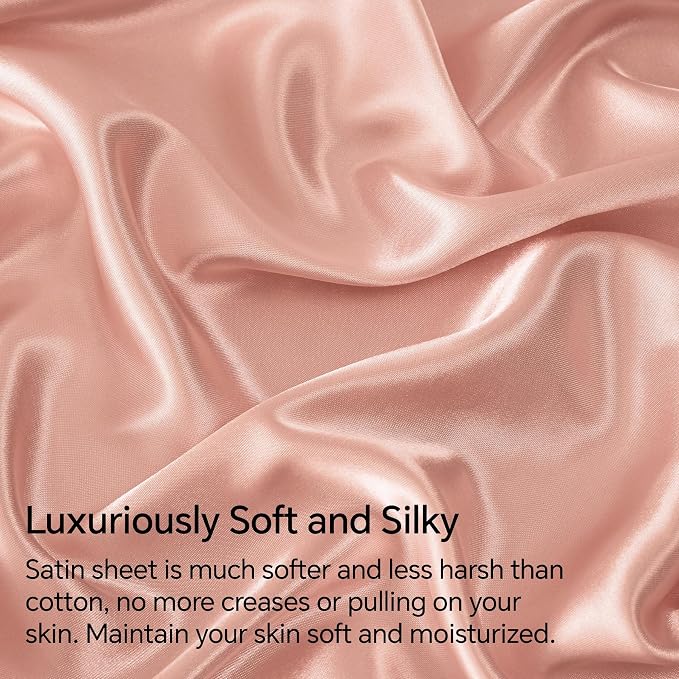 BEDELITE Satin Sheets Queen Size Bed Set, Luxury Soft Coral Pink Silky Sheets - Image 3