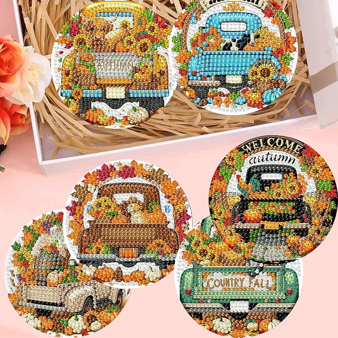 8 Pack Diamond Art Coasters, Autumn Truck Diamond Painting Coasters Kits | Fall - Image 7