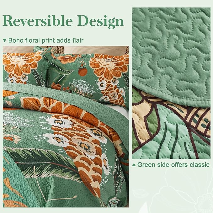 Tyrot 3 Piece Sage Green Boho Floral Californial King Quilt Sets Farmhouse - Image 3