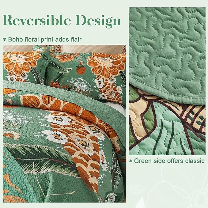 Tyrot 3 Piece Sage Green Boho Floral King Size Quilt Sets Farmhouse Botanical - Image 3