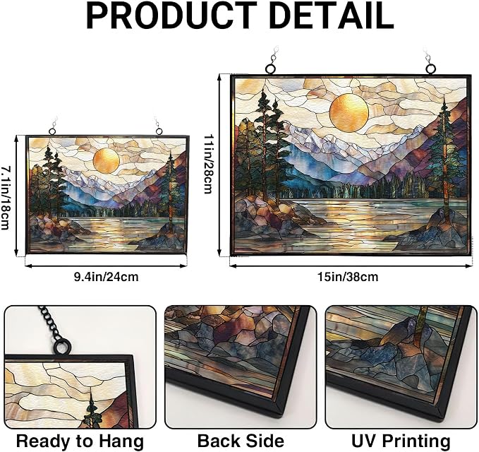 Rectangle Sunset Mountains Lake Tree Stained Glass Sun Catcher Mountain Stained - Image 3