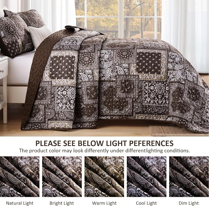Cottolester Brown Patchwork Quilt Set King Size, 3 Pieces Boho Paisley Quilt Set - Image 5