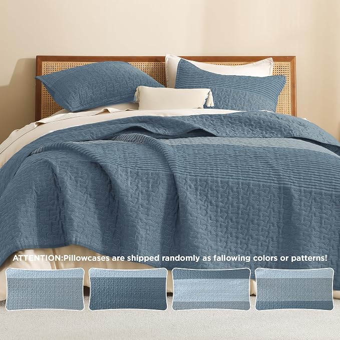 Litanika Quilt King Size Blue Linen, Stripe Patchwork Summer Bedspread Coverlet - Image 5