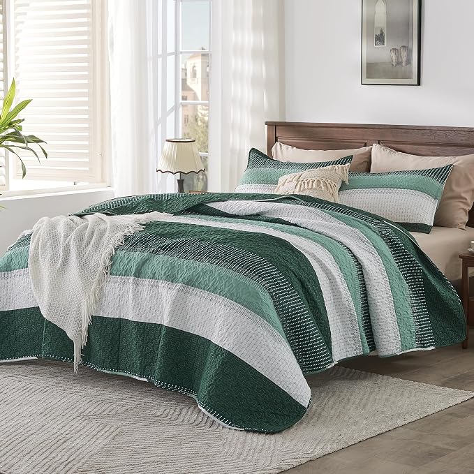 Andency Emerald Green Quilt King, 3 Pieces Patchwork Striped Bedspread Coverlet - Image 2