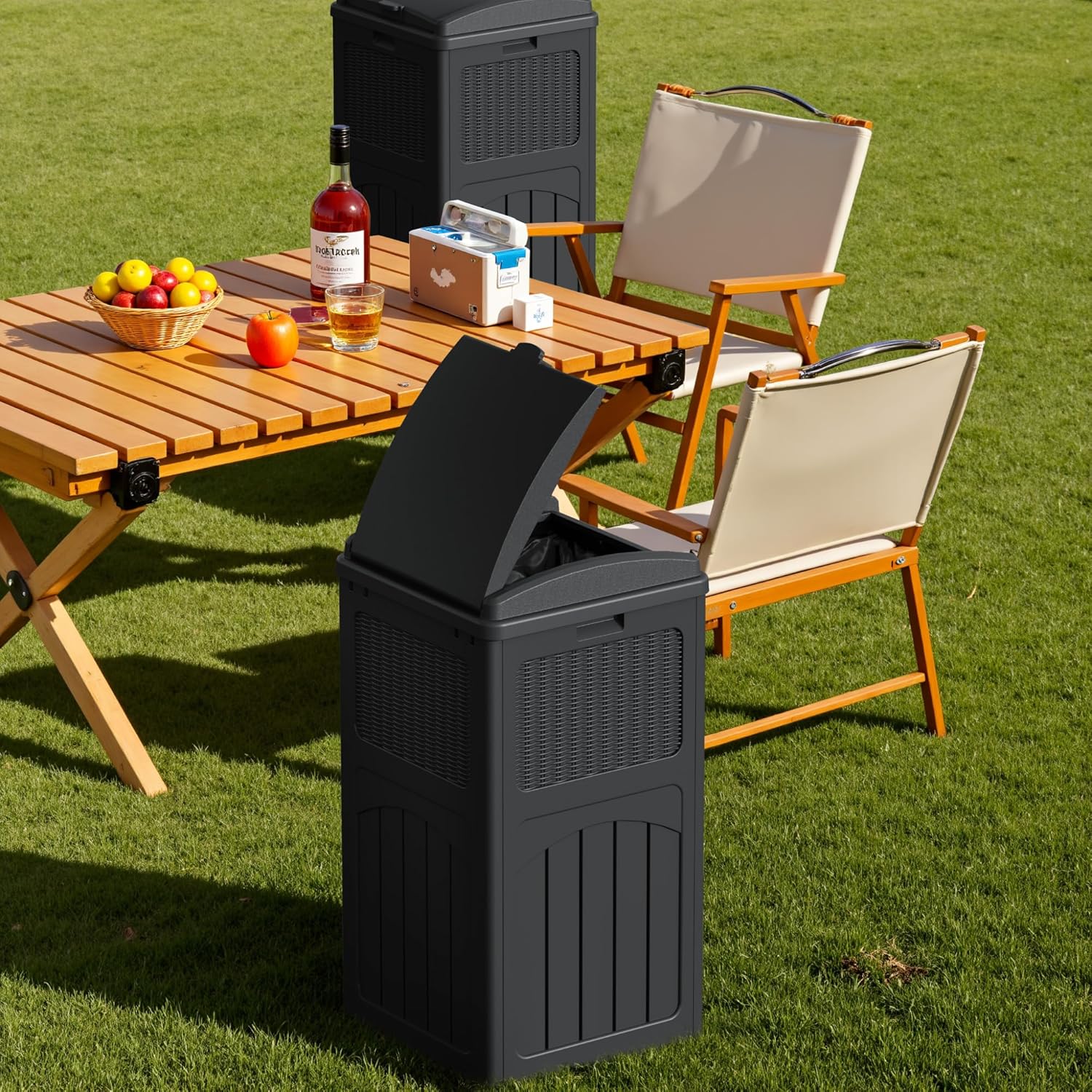 Devoko 33 Gallon Outdoor Trash Can with Dual Lid, Heavy Duty Waterproof Resin Garbage Bins Outside, Hideaway Waste Bins for Patio, Outside Pool, Backyard and Deck (2, Black)