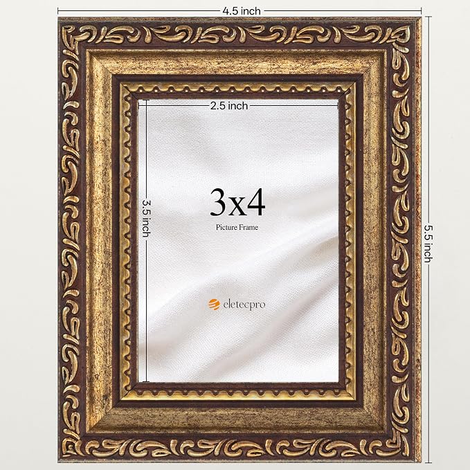eletecpro 3x4 Vintage Picture Frame, Glass Cover, Bronze Gold, Horizontal or - Image 3