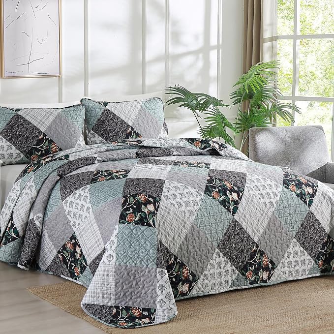 Xruibed Floral Plaid Patchwork Quilt Set King Size 3 Pieces Blue Gray Bedspread - Image 2