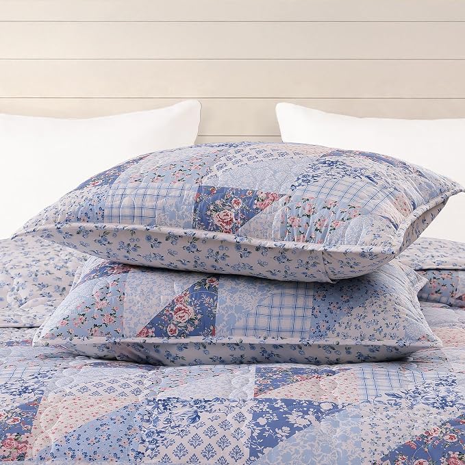 BLOOMHAVEN Quilt Set King Size, Patchwork Blue Pink Marigold Floral Quilt Sets - Image 5