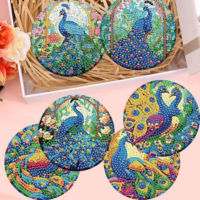 8 Pack Diamond Art Coasters, Peacock animals Diamond Painting Coasters Kits | - Image 6